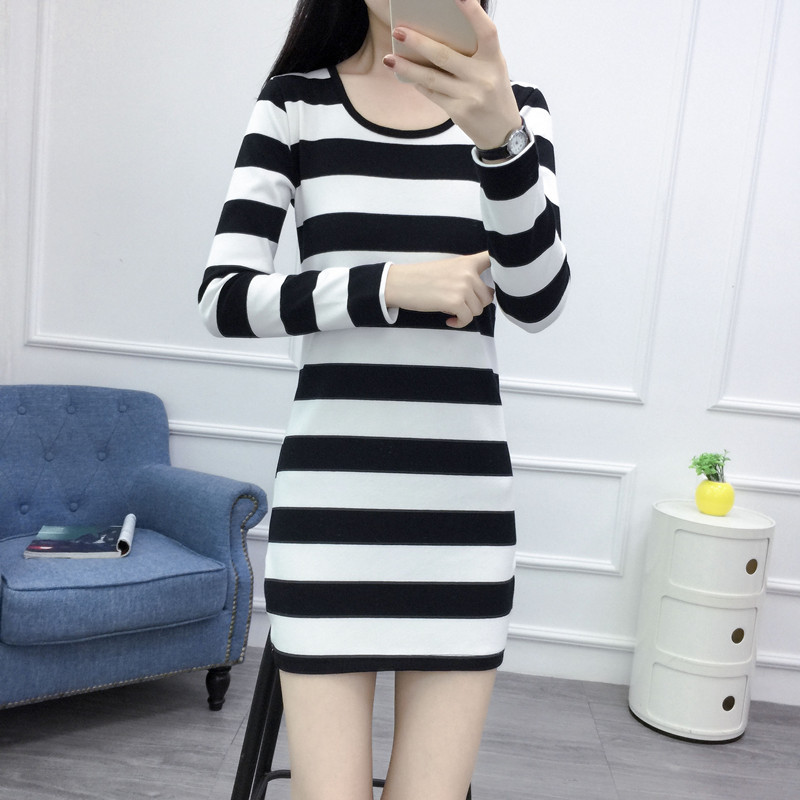 Korean Style Autumn New Striped Mid-Length Women's Fitted Long-Sleeve T-Shirt, Slimming Base Shirt, Bodycon Skirt Top