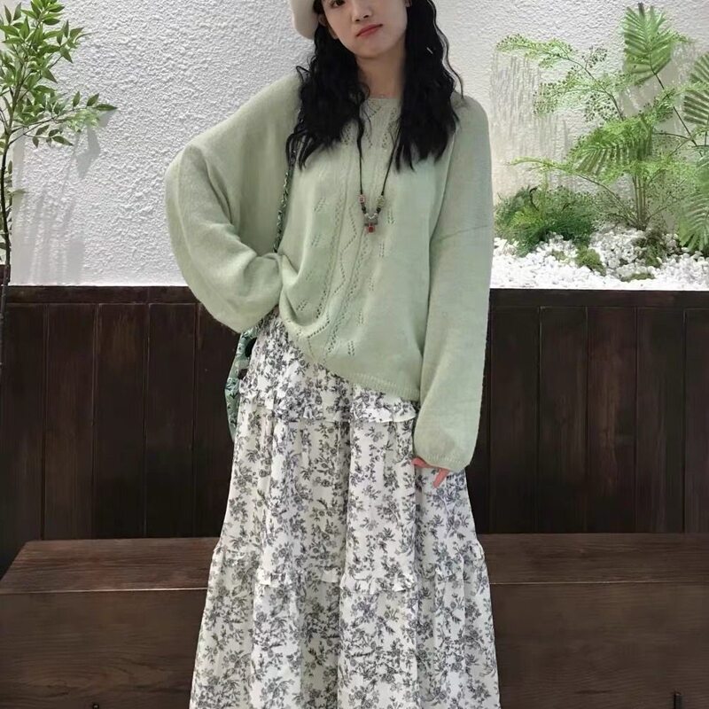 Grass Space Round Neck Cut Out Sweater Women's Slimming Look Knitted Blouse Sheer Outer Top Summer