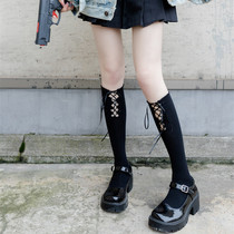 Lace-up socks womens wood ear side socks jk black calf socks Lolita white hollow lace pile socks