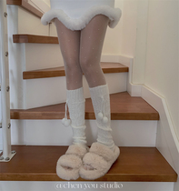 jk solid color knitted cute wool ball socks girl autumn and winter warm knee boots set Lolita hot girl white leg set