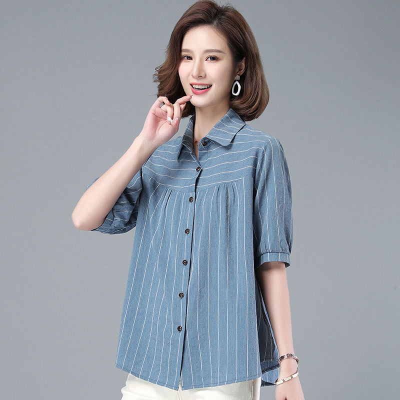 Pose Remembrance Show 2022 Summer Dress New Shirt Woman Short Sleeve Stripes Fashion Casual Loose Blouse Polo Collar Temperament Tide