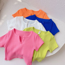 Fashionable childrens clothing 2022 summer new girls Korean version of the foreign candy color small high waist elastic pit strip short-sleeved T-shirt