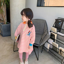 Childrens clothing 2022 new baby girl foreign style mid-length T-shirt Spring and autumn striped long-sleeved dress childrens sweater dress