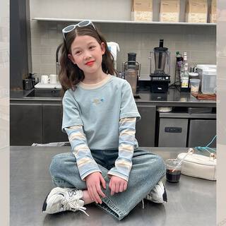 Girls' long-sleeved bottoming shirt fake two-piece striped top