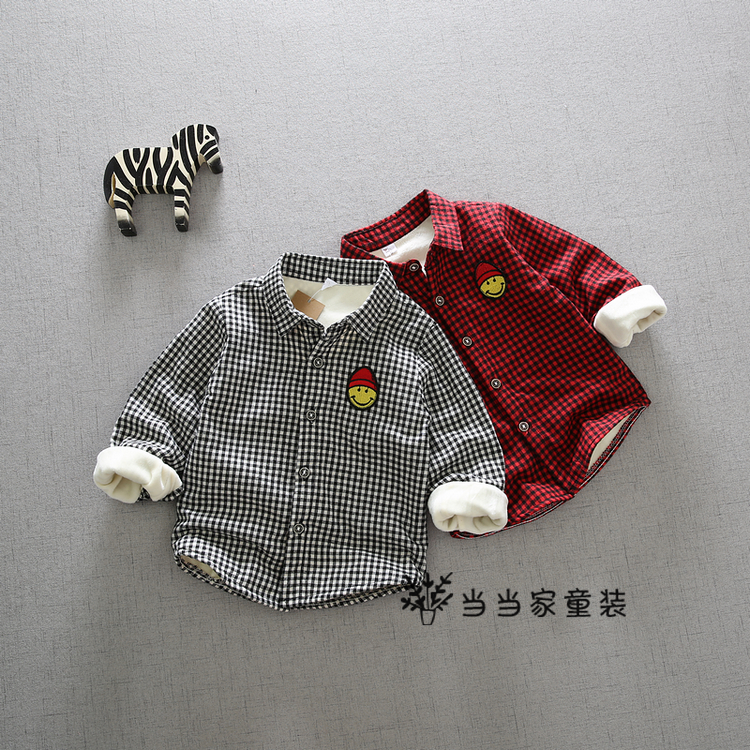 Áo sơ mi nam kẻ sọc cộng với nhung dày trẻ em áo bé trai ấm áp áo cardigan mùa đông mới quần áo trẻ em thu đông 