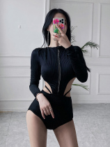 Dudu point Han Shang Korea ins long sleeve conservative one-piece swimsuit female summer small chest 2021 New thin hot spring swimsuit