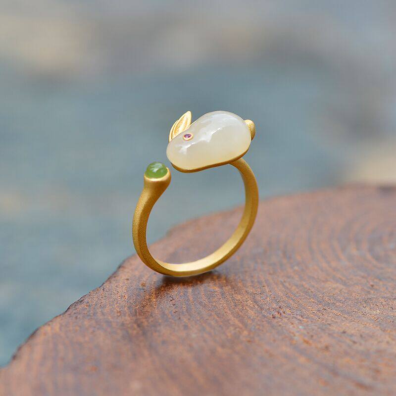 Hetian jade jade rabbit ring silver s925 sterling silver female niche design light luxury exquisite retro index finger ring live mouth