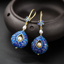 S925 silver six-character mantras artificial freshwater pearl earrings female classical temperament retro cloisonne personality earrings