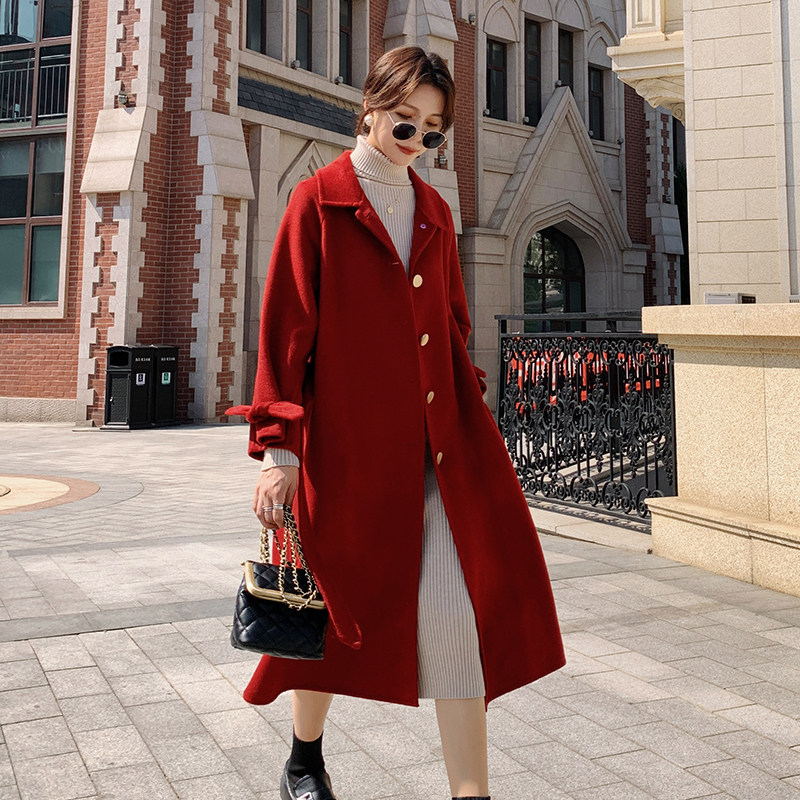 SNICYKER red woolen coat women's Benming year fashion women's mid-length version thickened winter Hepburn trench coat