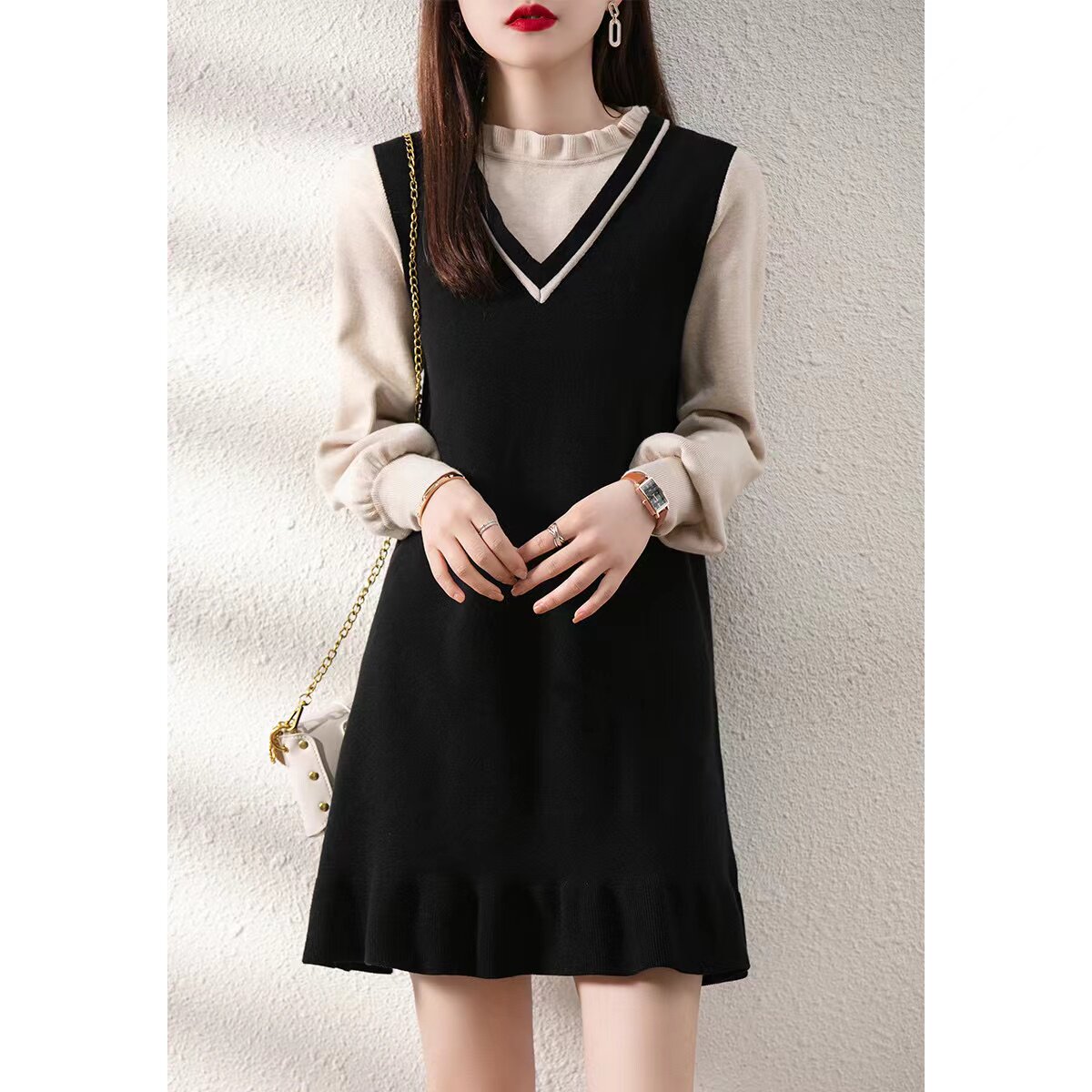 SNICYKER dress girl in spring 2023 new decrease and false two wool knitting long sleeve skirts