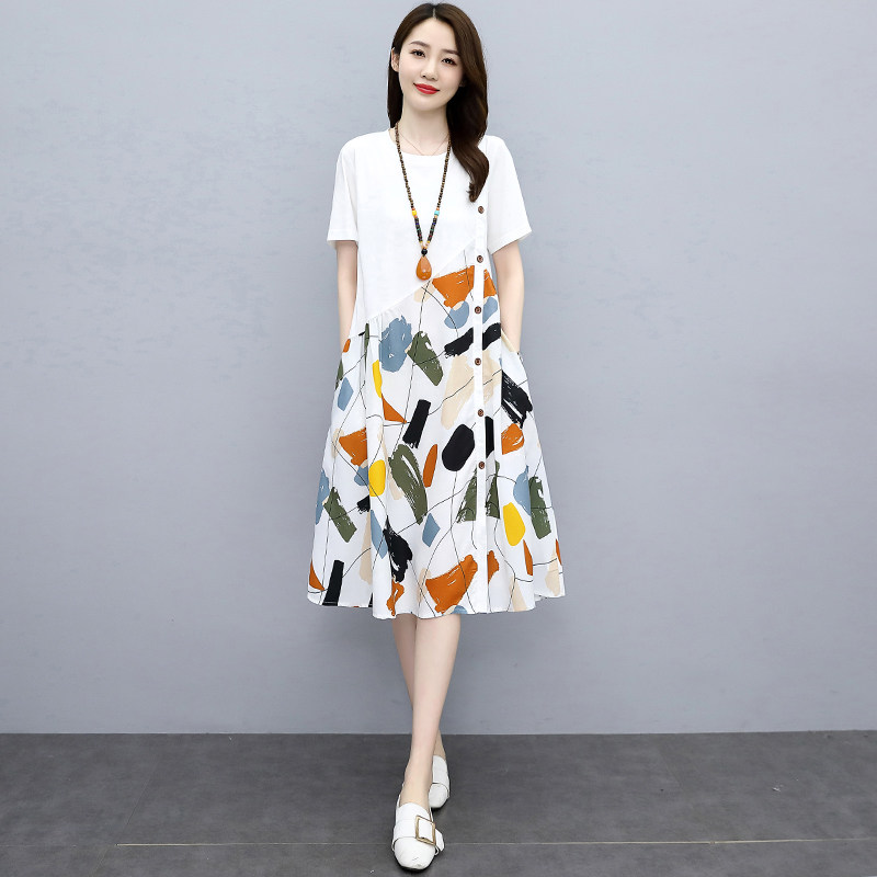 SNICYKER High-end Cotton Linen Dress Woman Xia Han Version Casual Fat Mm Name Yuan Temperament Shatter Skirt Thin dress