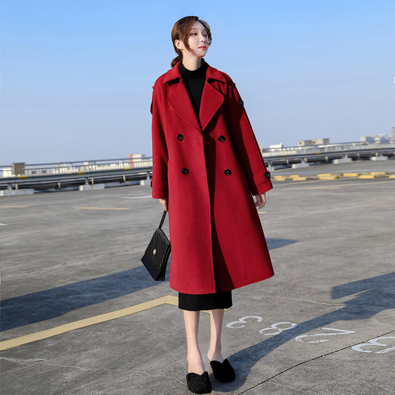 SNICYKER Bifacial Cashmere Dresses Woman Winter 2021 New Cashies Slim wool, red jacket