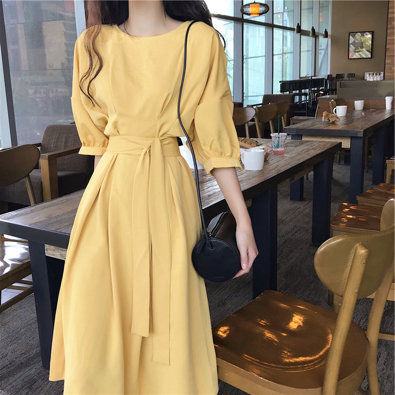SNICYKER fragrant Taro purple Platycodon grandiflorum French dress female summer waist Net red thin temperament light yellow long skirt