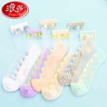 Langsha girls socks spring and autumn thin childrens cotton tube socks in the summer princess lace mesh socks