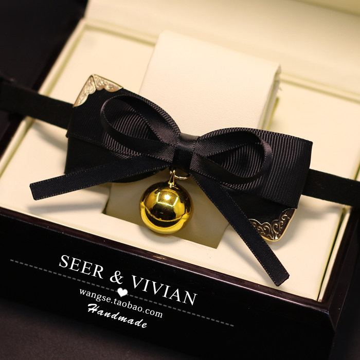 {SEER}Handmade custom pet cat dog British style retro gentleman Black gold trim bow tie bell bow