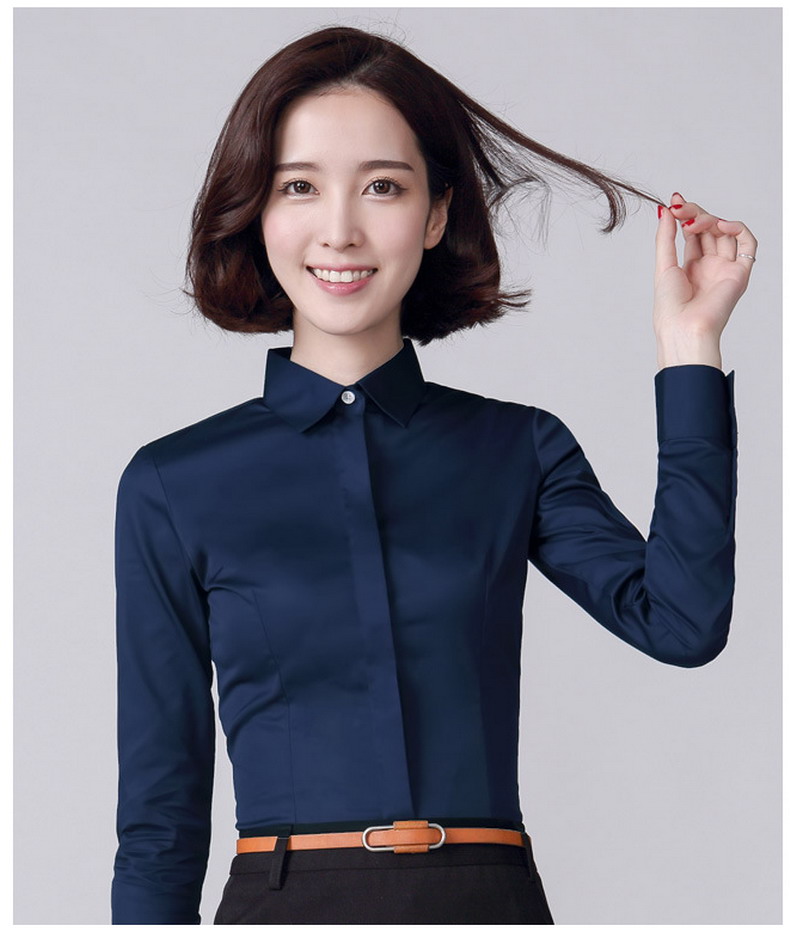 Mùa thu cổ áo sơ mi nữ dài tay kinh doanh dụng cụ chuyên nghiệp dụng cụ hải quân màu xanh đậm cửa đáy áo Slim miễn phí mẫu sơ mi nữ đẹp