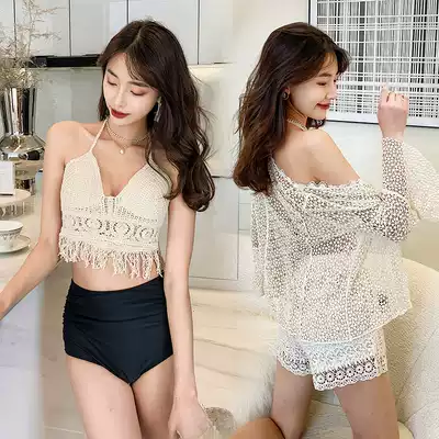 Two-piece swimsuit women's bikini two-three four-piece Korean version sexy lace knitted high-waisted small flat corner blouse