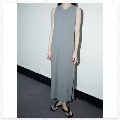 IMMLS blue gray white temperament round neck sleeveless loose dress niche design holiday style spot