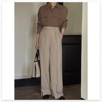 (FARM) commuter Joker straight wide legs super high waist suit trousers slim cotton and khaki beige spot