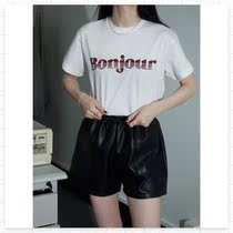 (FARM) French printed short sleeve bonjour cotton French T-shirt Korean white dark blue interior spot