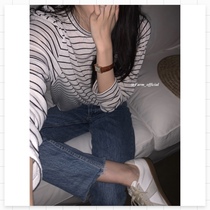 (FARM) round neck loose shoulder long sleeve bottomed knitted stripes solid color T-shirt inside and outside wear 4 colors into the spot