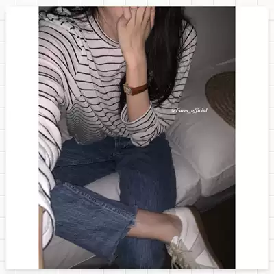 (FARM) round neck loose shoulder long sleeve bottomed knitted stripes solid color T-shirt inside and outside wear 4 colors into the spot
