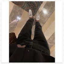 (FARM) retro commuter wash water small feet soot dark cotton high waist straight jeans thin spot