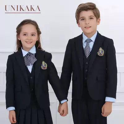 British style primary and secondary school school uniform spring and autumn set three-piece children's suit School uniform suit Student class suit formal suit