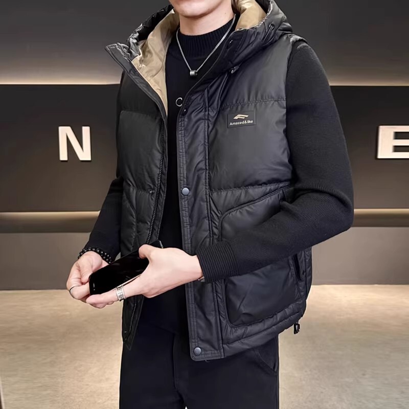 Mk Genuine Workwear Hooded down Jacket for Men, Winter High-End Large Pocket Casual Warm Versatile Men's Vest