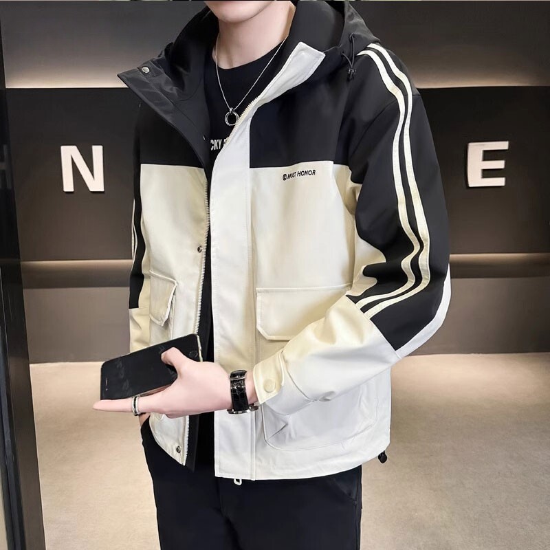 Mk Men's Spring and Autumn High-End Patchwork Striped Hooded Casual Workwear Jacket Stylish Men's Fashion Jacket