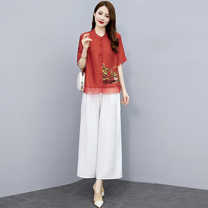 Ice Silk Cotton Linen Suit 2026 Summer Casual Fashion Chinese Style Tencel Linen Noble Lady Mother Wide-Leg Pants Two-Piece Set