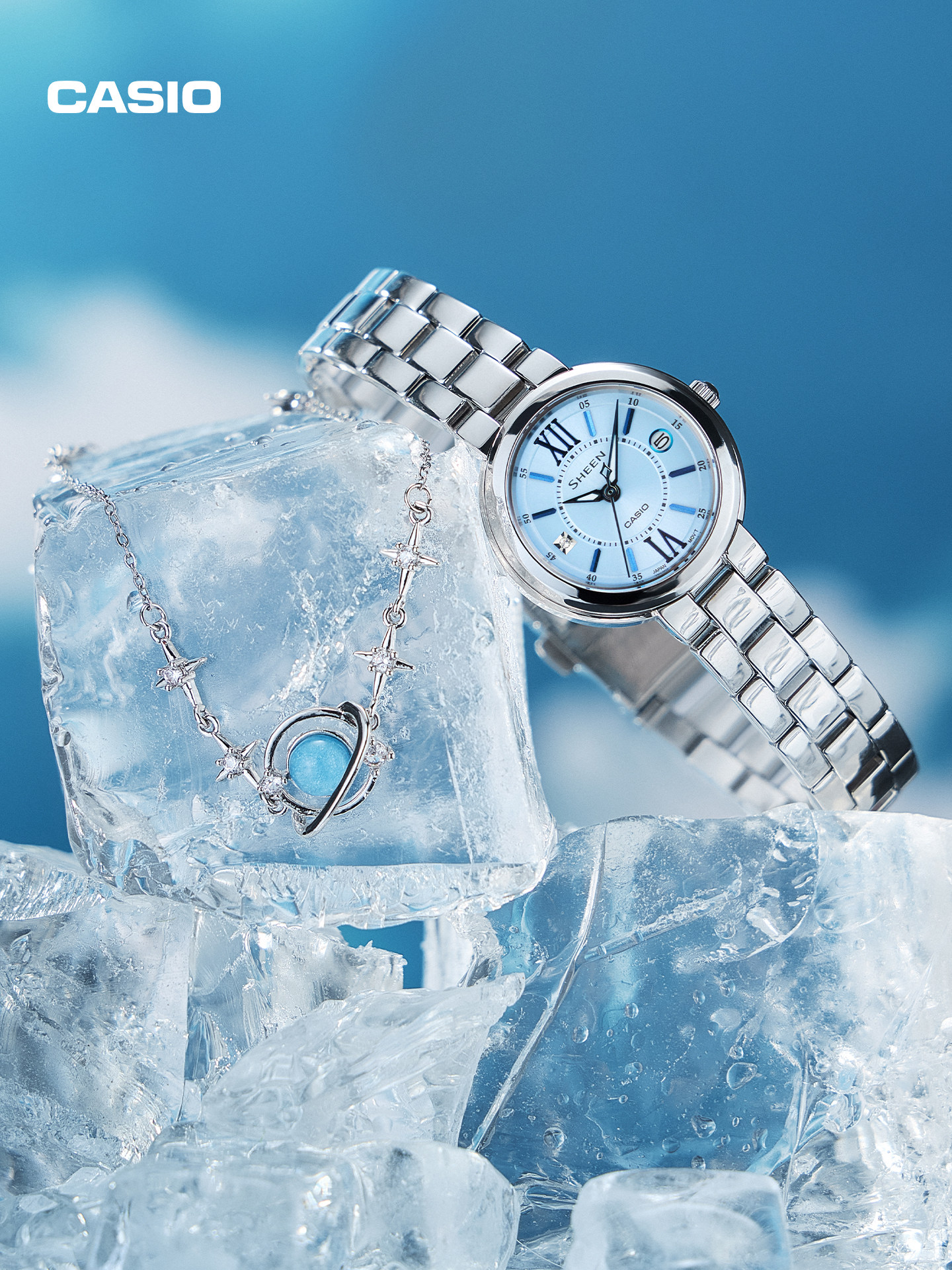 [New Year's Gift] Casio official store She-4528 Ice Blue Guardian Star Bracelet Gift Box Watch Sheen