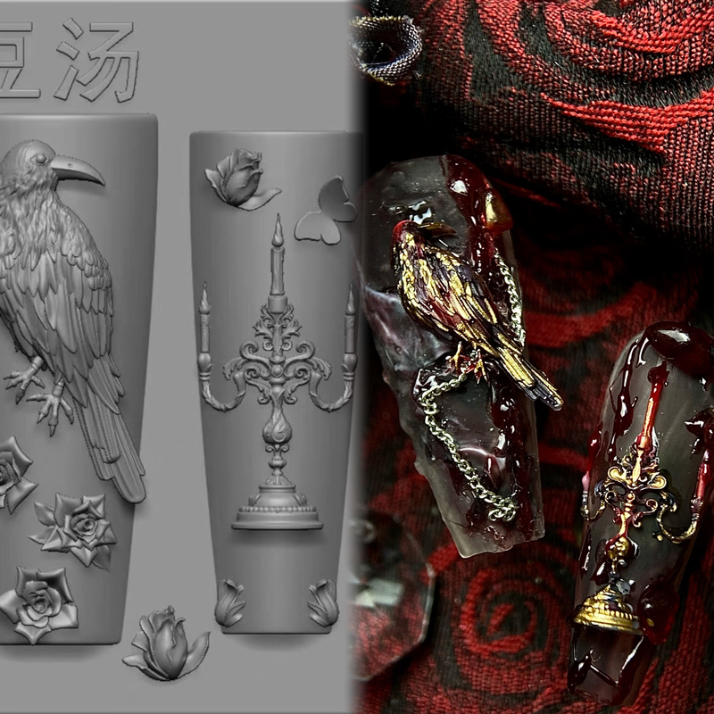 【Nail Art Mold】Bean Soup Dark Gothic Niche Original Vintage Baroque Crow Rose Candlestick