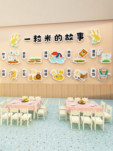 Finished Kindergarten Environmental Creation Theme Wall Stickers: the Story of a Grain of Rice, Daycare Class Materials, Corridor Cultural Wall Decoration