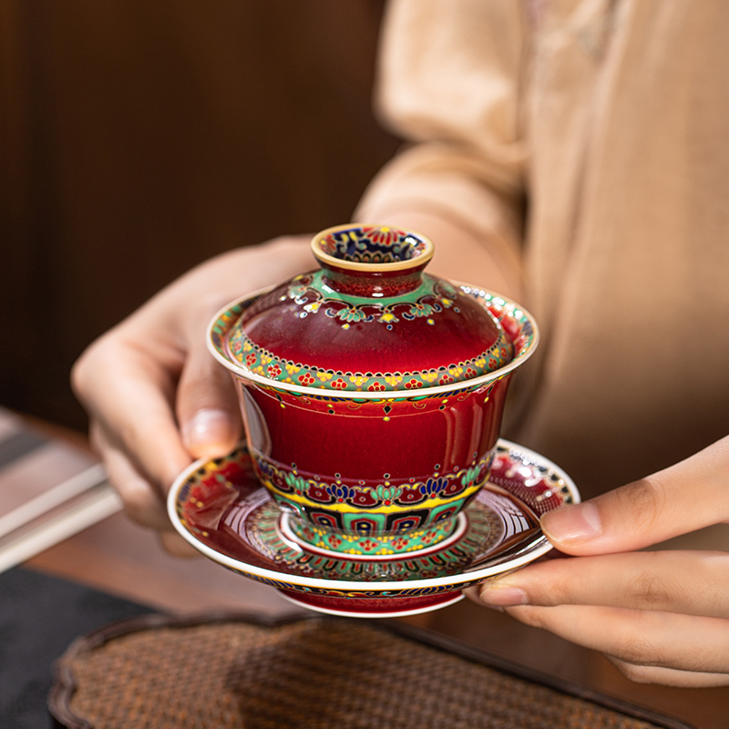 原矿郎红珐琅彩手绘盖碗敦煌宝华重工茶器景德镇陶瓷茶具茶碗送礼