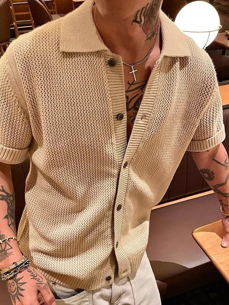 Men's Summer Knitted Mesh Polo Shirt – Hollow-Out Design, Old Money Style, Breathable Clean Fit Half-Sleeve Top