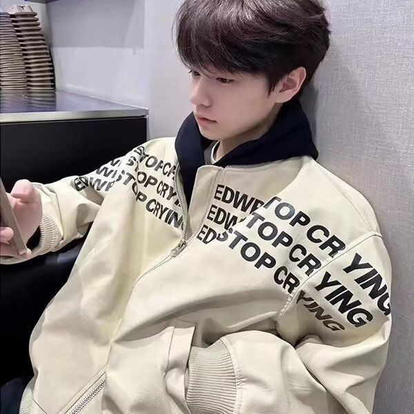 Letter Print Men's Autumn and Winter Cotton Jacket, High-End, Cool American-Style Baseball Jacket, Leather Jacket, Thickened Cotton Coat