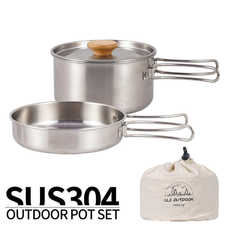 Outdoor Climbing 304 Stainless Steel Folding Set Pan Camping Portable Frying Pan Stockpot Home Picnic Pan With 2 Pieces Suits-Taobao