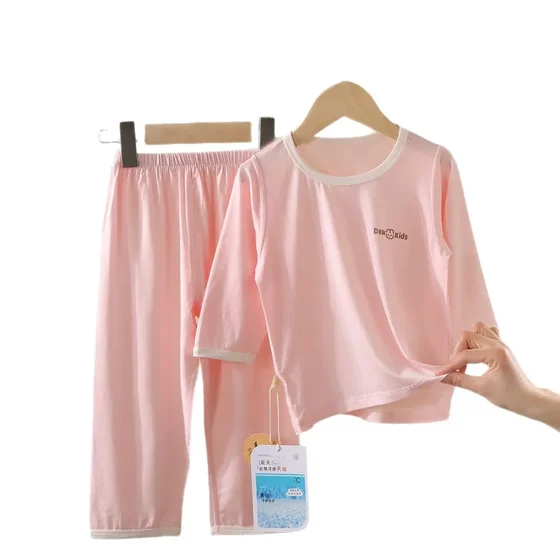 儿童夏季九分袖莫代尔套装中大童空调服薄款家居服男女无骨睡衣