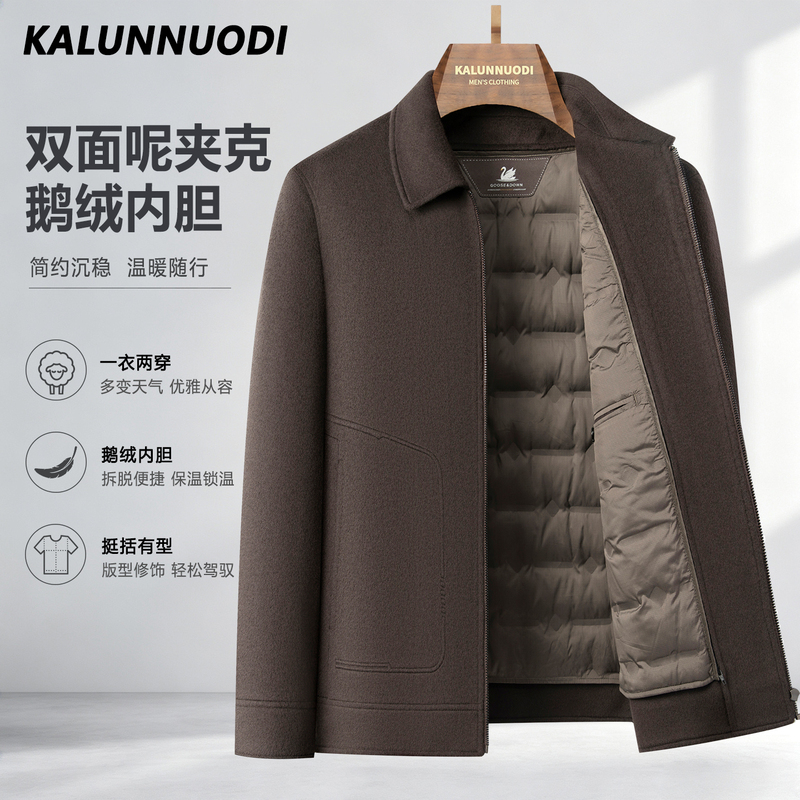 Kalen Nodi Autumn and Winter Men's Wool Jacket Short Style with Goose down Lining Thickened Double-Sided Woolen Coat for Dad