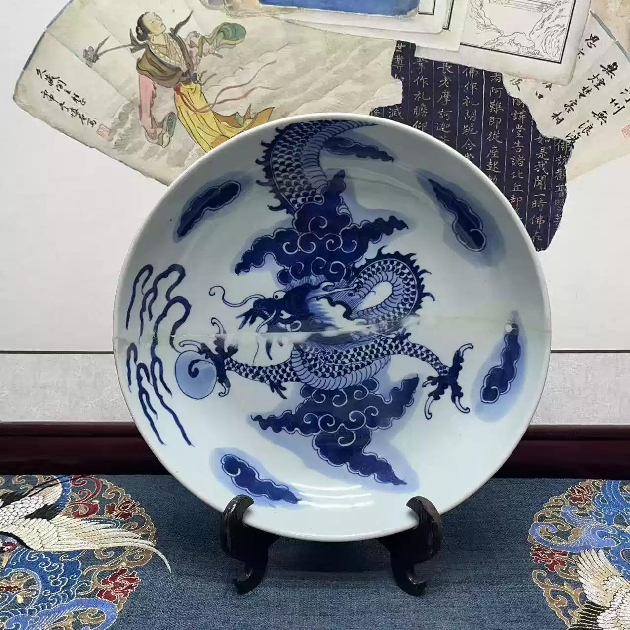 清康熙精品锦上添花青花大尺寸赏盘，古董收藏，明清瓷器，回流