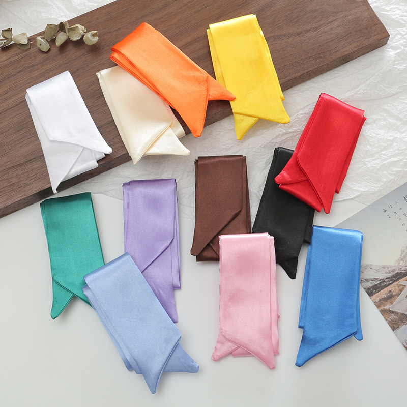 Long Silk Scarf for Women, Narrow Neckerchief, Summer Belt Decoration, Solid Color Black Ribbon, Bag Handle Tie, Hair Tie