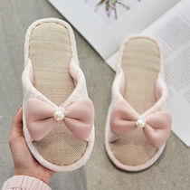 Lace female Korean version of non-slip wooden floor cotton linen indoor home bowknot Summer Lovers linen home slippers