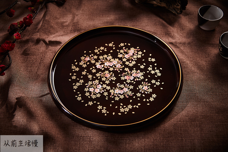 Japan Imports Mountain China Lacquered Japan Style Resin Cherry Blossom Round Tea Tray 30 cm Trays Pots for home light extravagance 