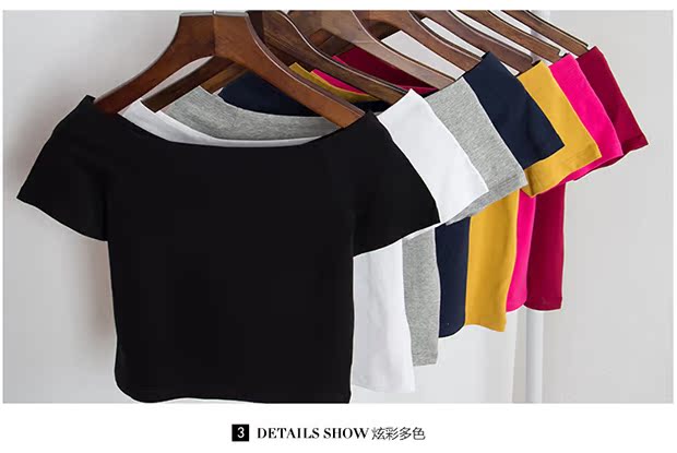 一字领纯棉性感露肩修身短袖T恤女上衣黑色短