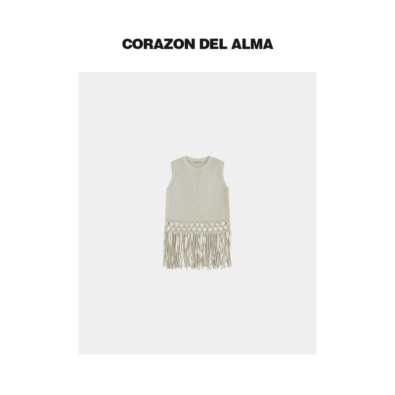 【Shampoo】Vacation-Style Casual Paper Cotton Yarn Heavy Handmade Shell Tassel Knit Sleeveless Vest-W239
