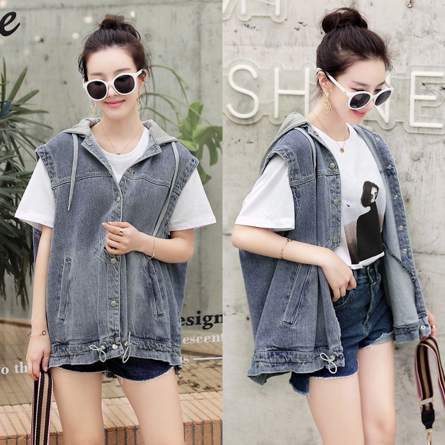 Mùa xuân và mùa hè phiên bản mới của Hàn Quốc không tay có mũ trùm đầu khâu áo vest denim áo khoác ngắn áo ghi lê rộng cỡ lớn nữ S - Áo vest