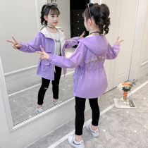 Girls windbreaker 2021 new spring dress letter embroidery foreign style childrens clothing childrens long female children spring and autumn coat