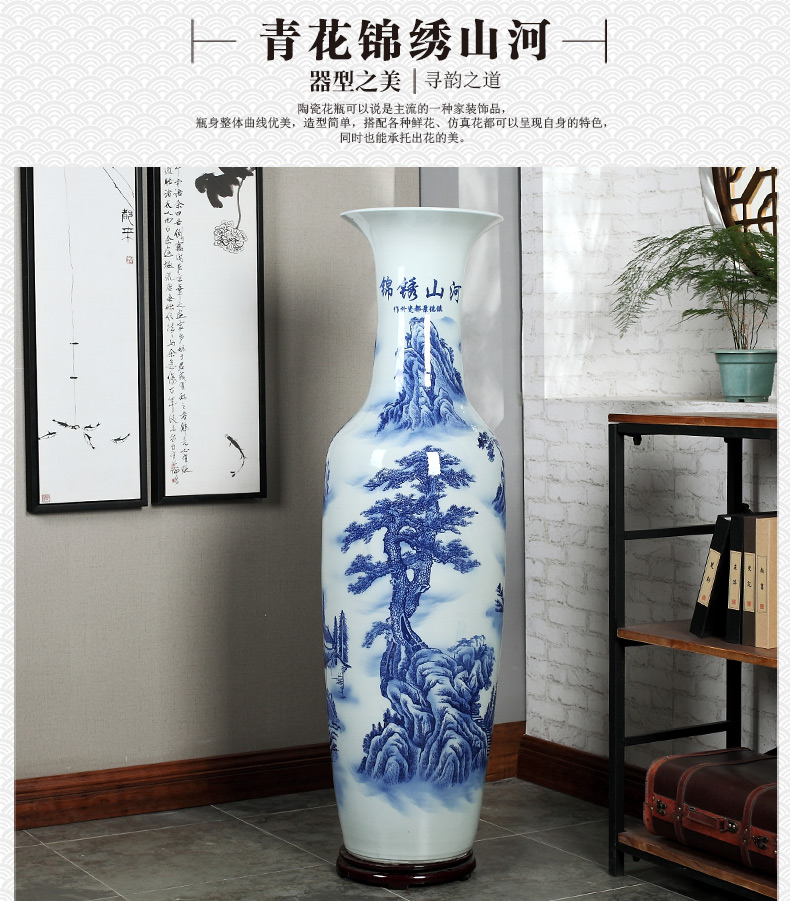 Jingdezhen ceramics of large blue and white porcelain vase, flower arrangement of Chinese style living room office decoration place hotel