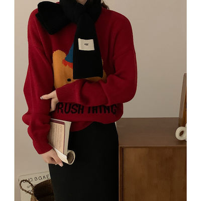 [Low Price Clearance] MEIMEI Liang Meimei Wool-bearing Bear Knitted pullover Korean-style loose sweater coat for women